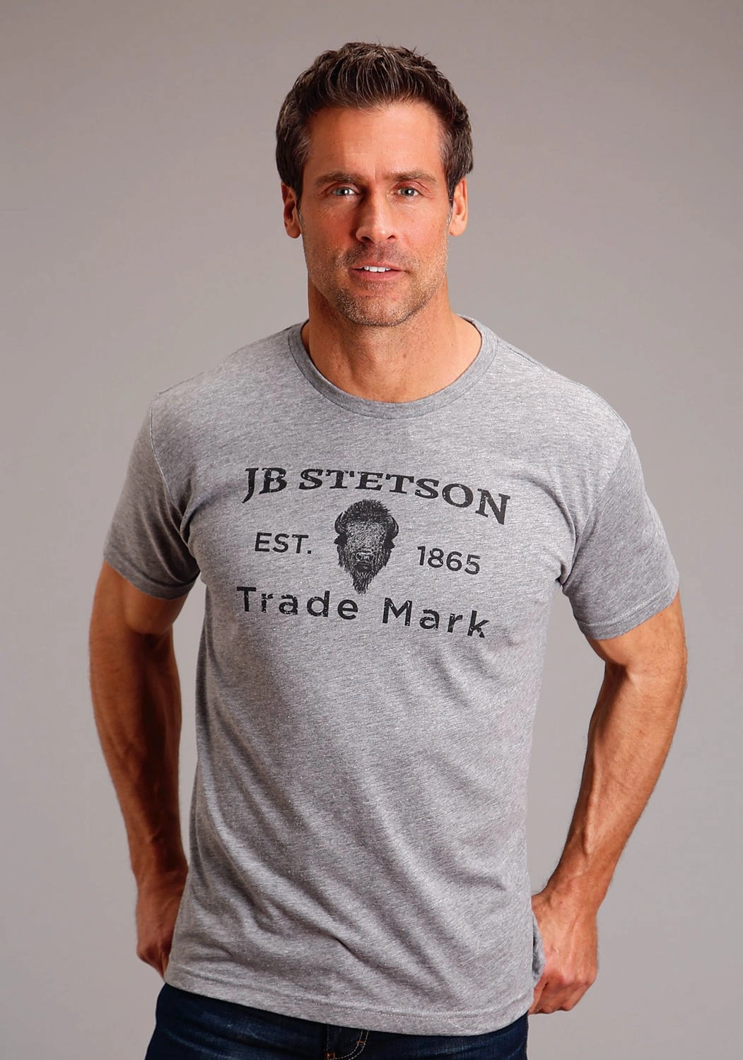 Casual Look MultipurposeUse Stetson Mens Buffalo Head Grey Cotton Blend S/S T-Shirt