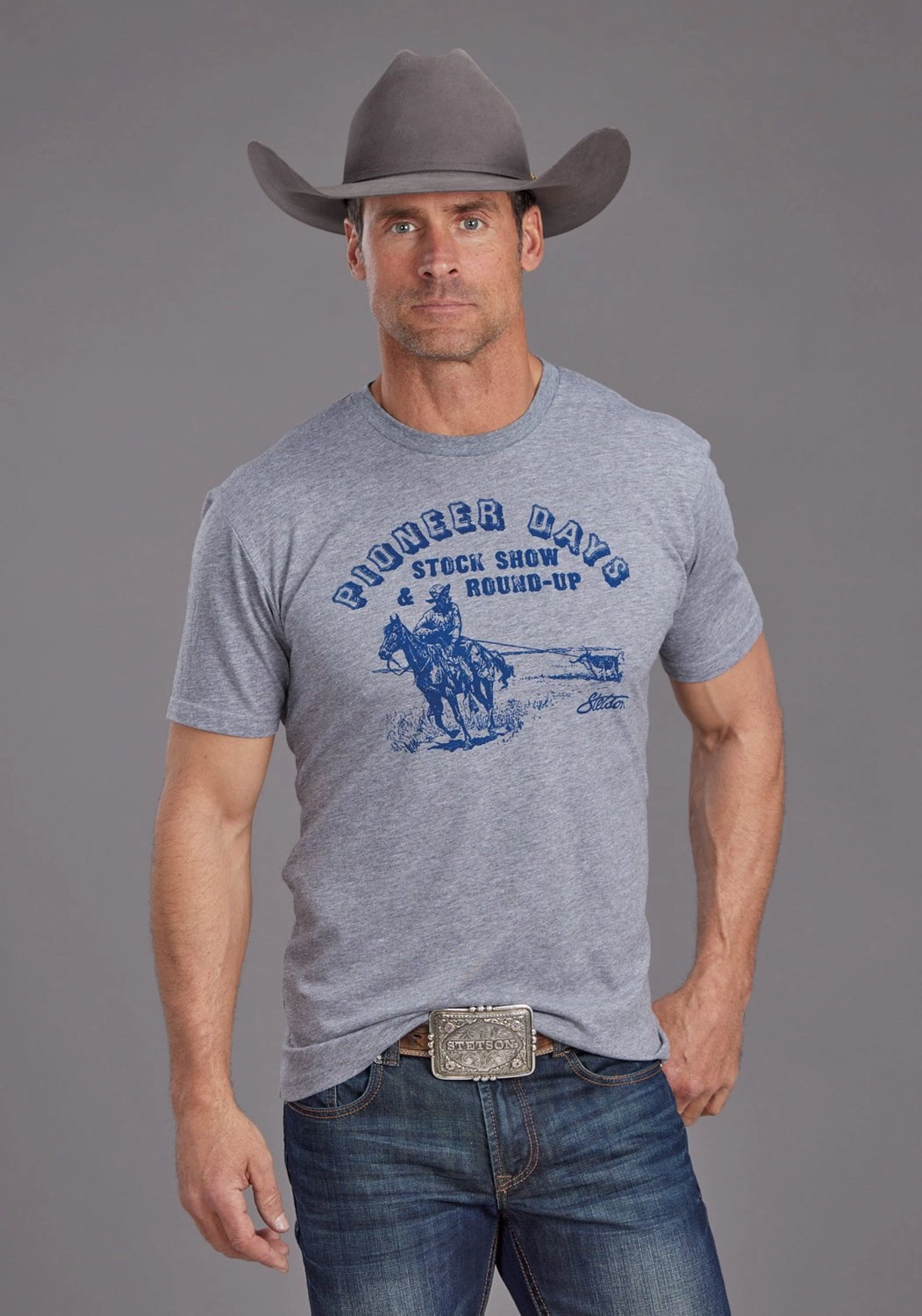 Stetson Mens Pioneer Round Up Grey Cotton Blend S/S T-Shirt Timeless Fashion