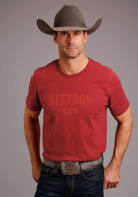 Stetson Mens Red 100% Cotton Xl Logo S/S T-Shirt Snag Free Surface