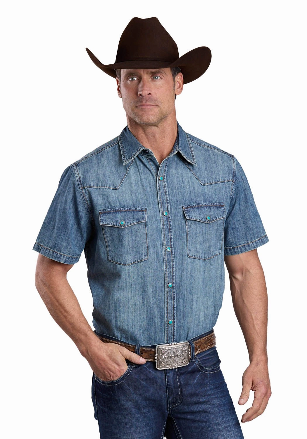 All-day Comfort Stetson Mens Turquoise Hex Snaps Stonewashed Denim 100% Cotton S/S Shirt