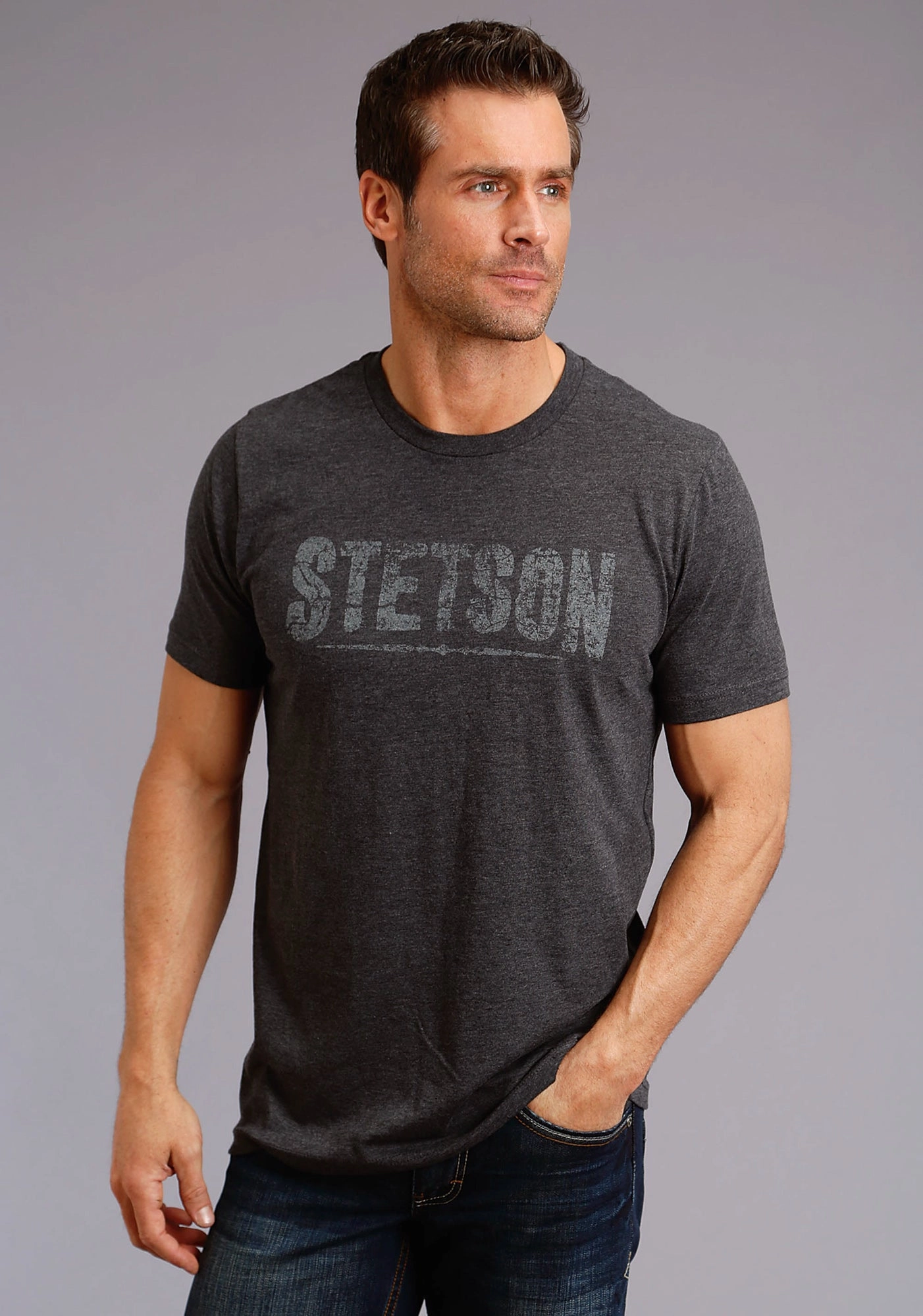 Stetson Unisex Heather Grey 100% Cotton Cream Logo S/S T-Shirt Tagless label