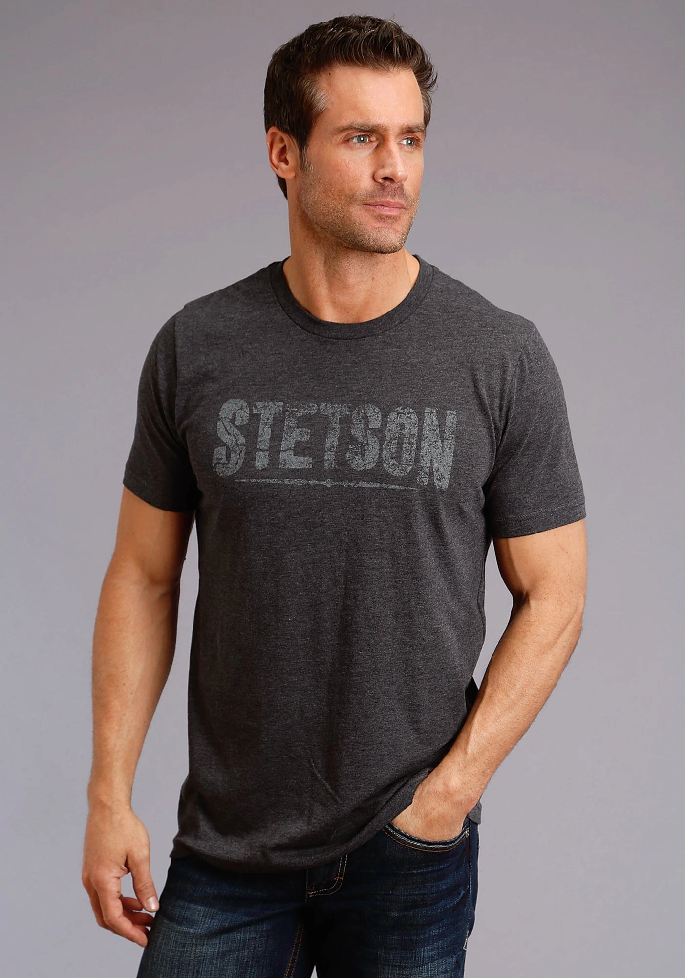 Premium Pima Cotton Everyday Wear Stetson Unisex Heather Grey 100% Cotton Cream Logo S/S T-Shirt