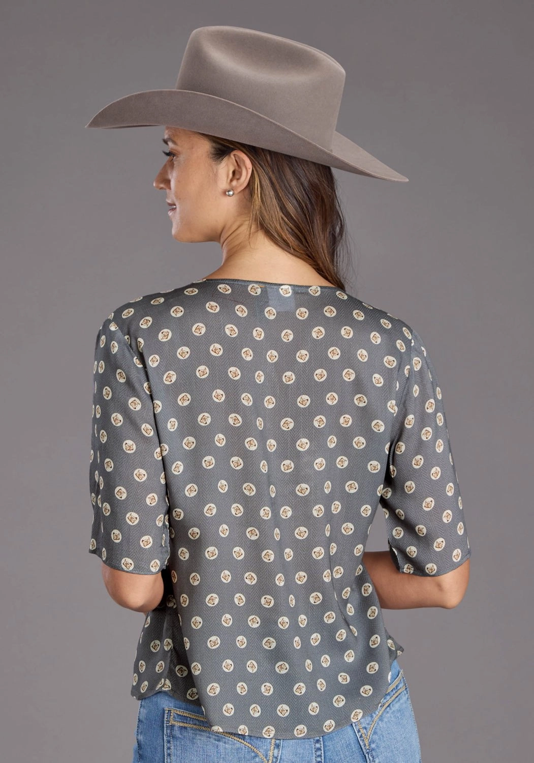 Stetson Womens 2440 Horse Pennies Grey 100% Rayon S/S Blouse Quick Release Cuffs Hiking Gear