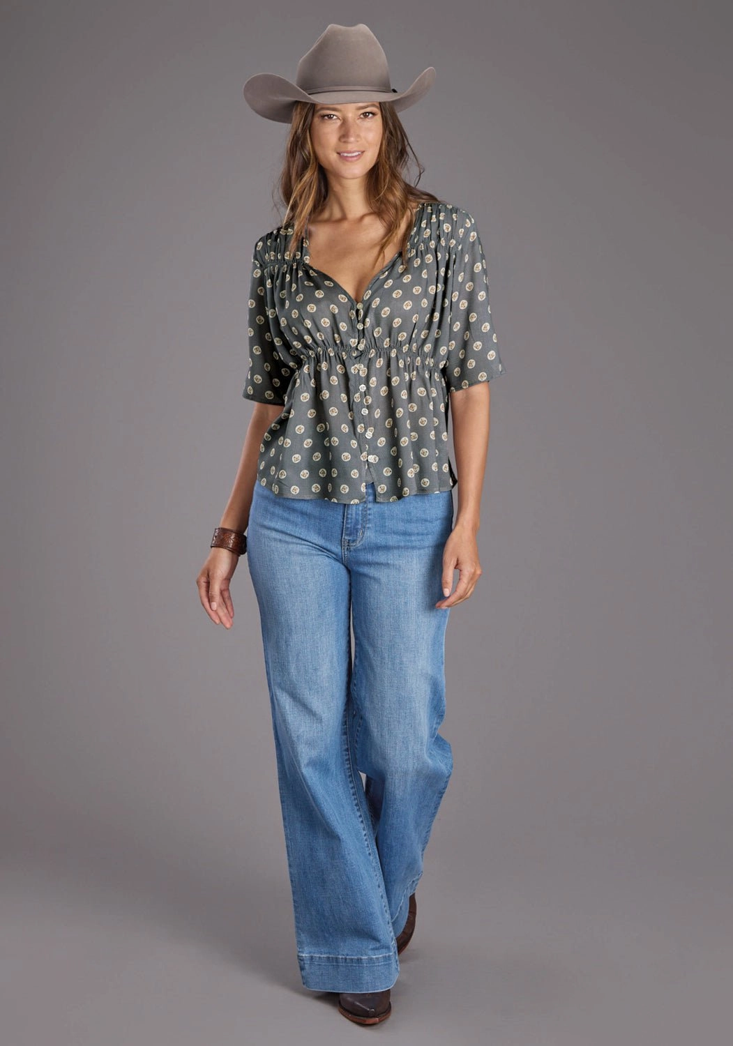 Morning Comfort Stetson Womens 2440 Horse Pennies Grey 100% Rayon S/S Blouse