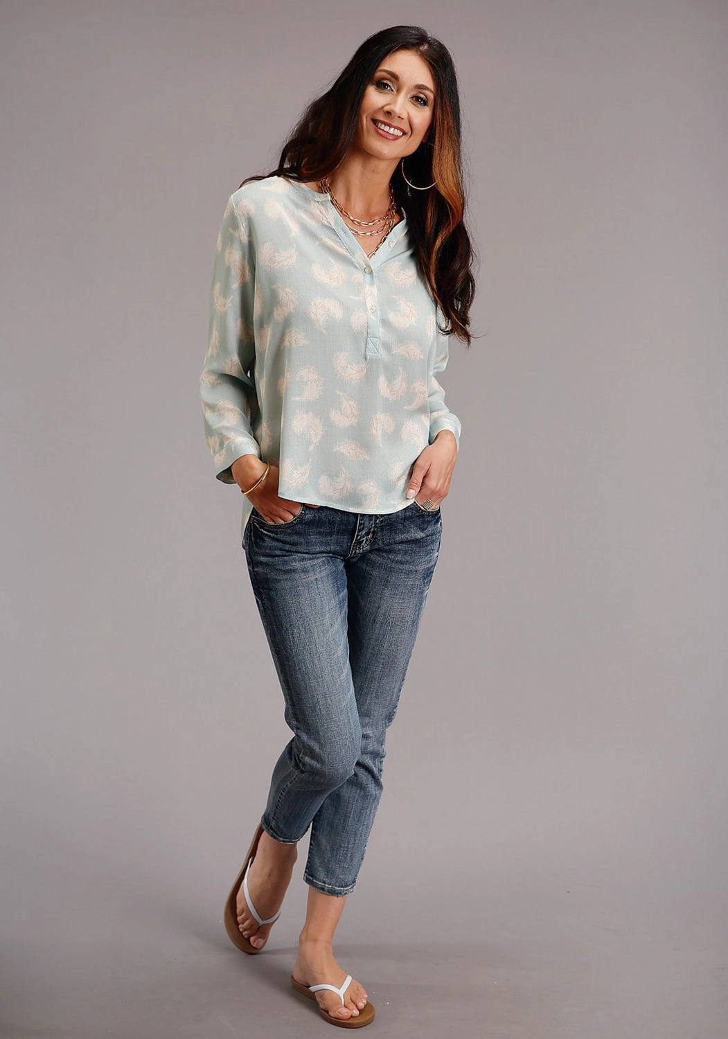 Snag Resistant Fabric Stetson Womens Aqua Rayon/Nylon Feathers S/S Blouse