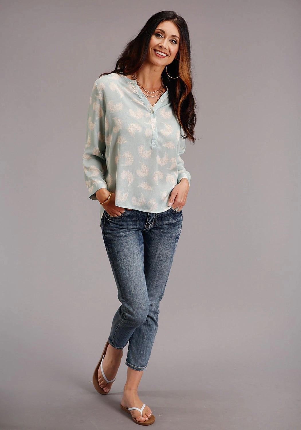 Stetson Womens Aqua Rayon/Nylon Feathers S/S Blouse Non Chafe Seams