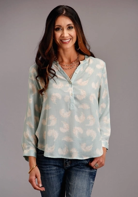 Midweight Textile Odor Control Technology Stetson Womens Aqua Rayon/Nylon Feathers S/S Blouse