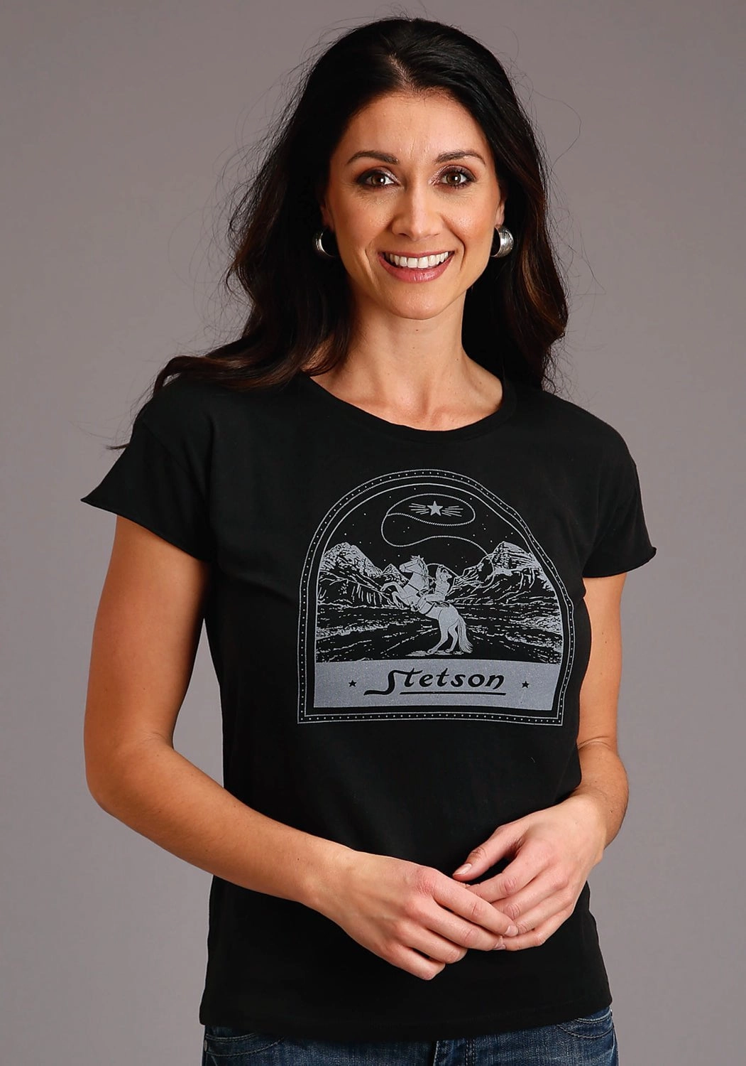 Stetson Womens Black 100% Cotton Cowboy Lasso S/S T-Shirt Active Lifestyle Comfort Stretch