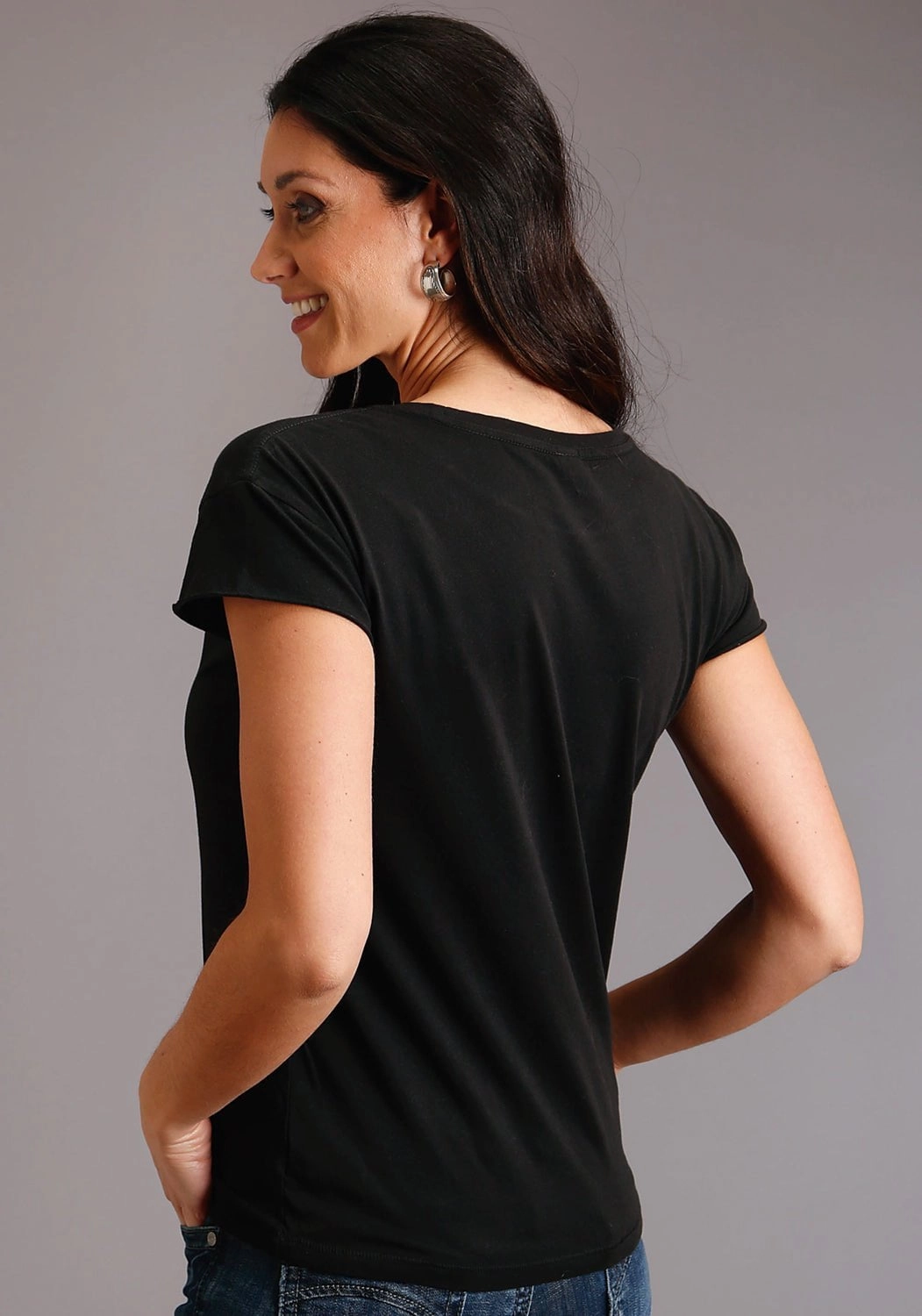 Reinforced Shoulders Stetson Womens Black 100% Cotton Cowboy Lasso S/S T-Shirt