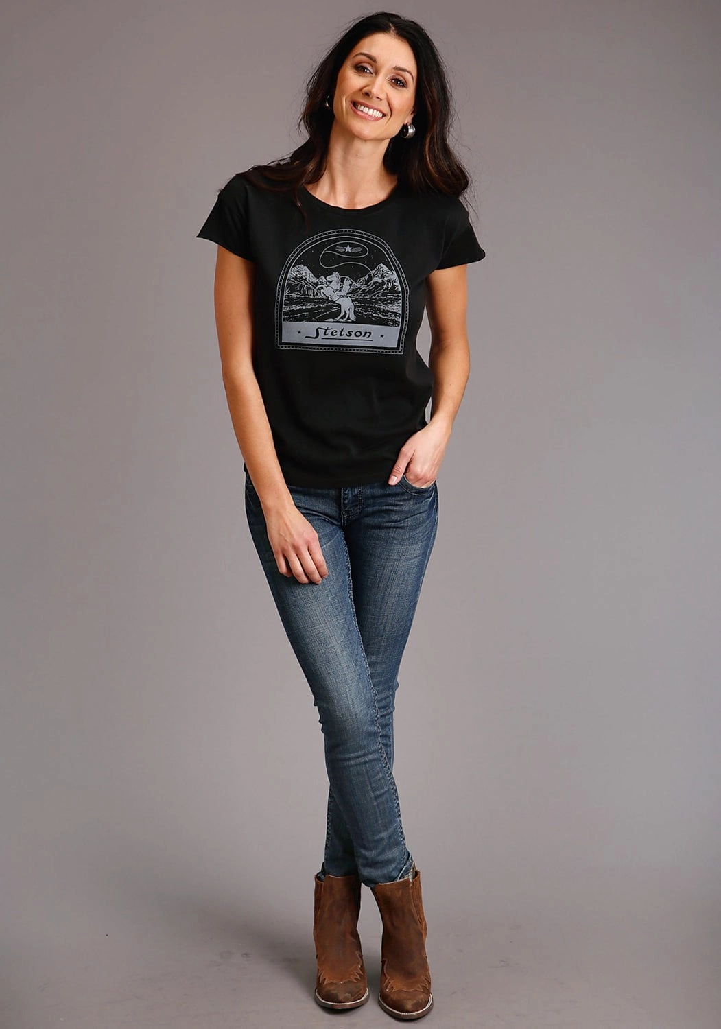 Stetson Womens Black 100% Cotton Cowboy Lasso S/S T-Shirt Summer Outfit