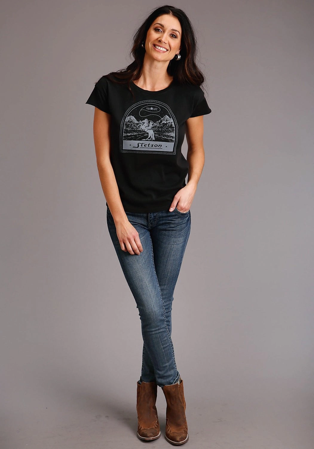 Smooth Cotton Blend quick dry Stetson Womens Black 100% Cotton Cowboy Lasso S/S T-Shirt