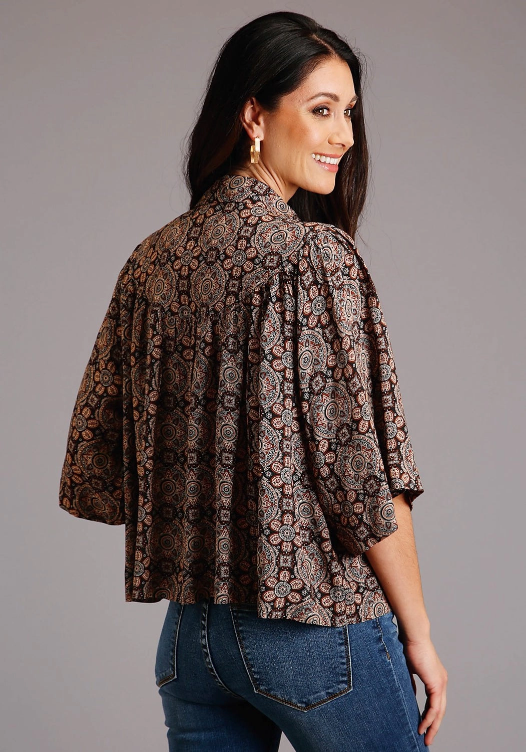 Stetson Womens Brown Rayon/Nylon Prairie Paisley S/S Blouse Comfortable Look Smooth Seam Finish