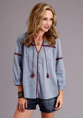 Reinforced Shoulders Summer Camp Stetson Womens Chambray 100% Cotton Peasant S/S Blouse