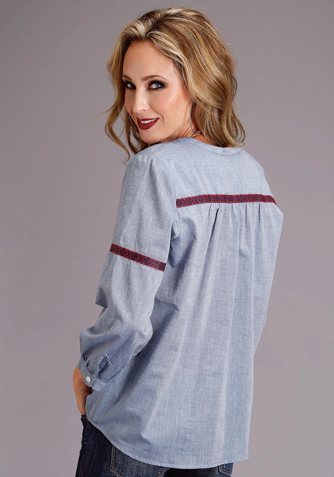 Versatile Wear Stetson Womens Chambray 100% Cotton Peasant S/S Blouse