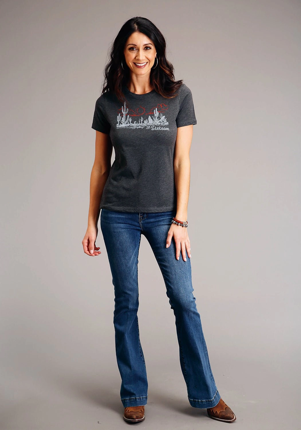 Smart Layering Stetson Womens Charcoal Cotton Blend Cactus Desert Scene S/S T-Shirt
