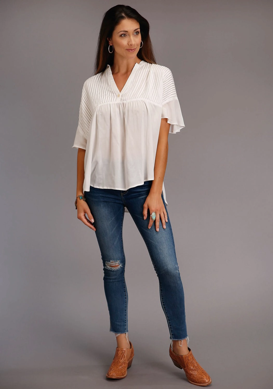 All-day Comfort Stetson Womens Cream Rayon/Nylon V-Placket S/S Blouse