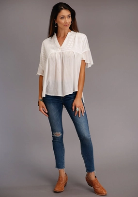 All-day Comfort Stetson Womens Cream Rayon/Nylon V-Placket S/S Blouse