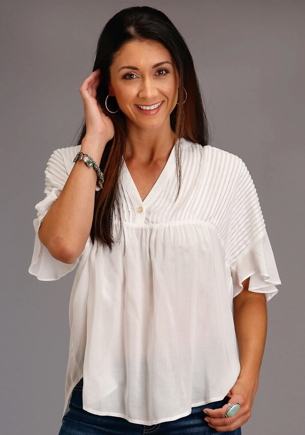 Stetson Womens Cream Rayon/Nylon V-Placket S/S Blouse Trendy Pattern All-Occasion Wear