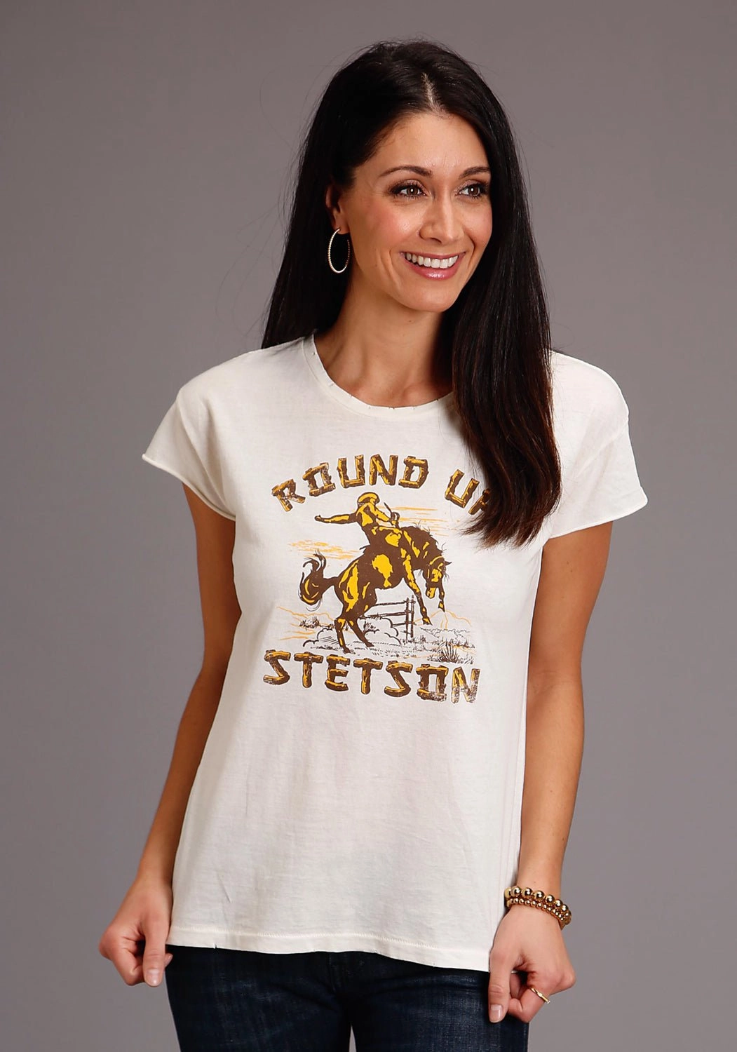 Stetson Womens Cream/White 100% Cotton Round Up S/S T-Shirt Anti Static Treatment