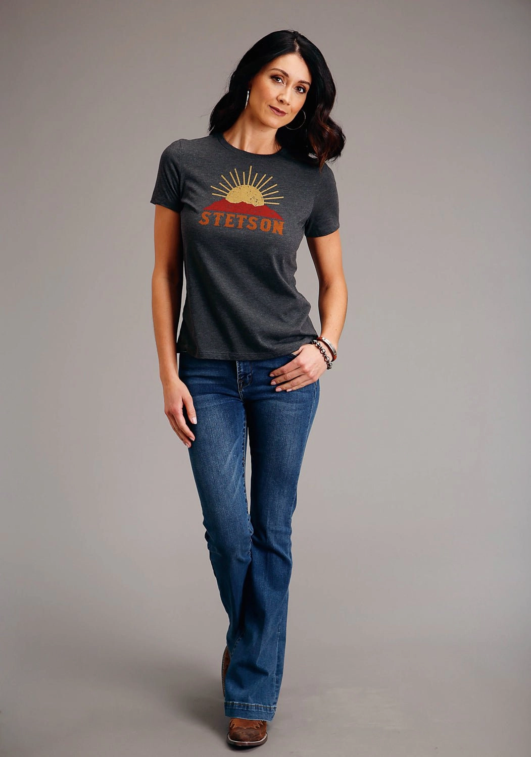 Stetson Womens Dark Grey Cotton Blend Sunset and Mountain S/S T-Shirt Light Option youth trend