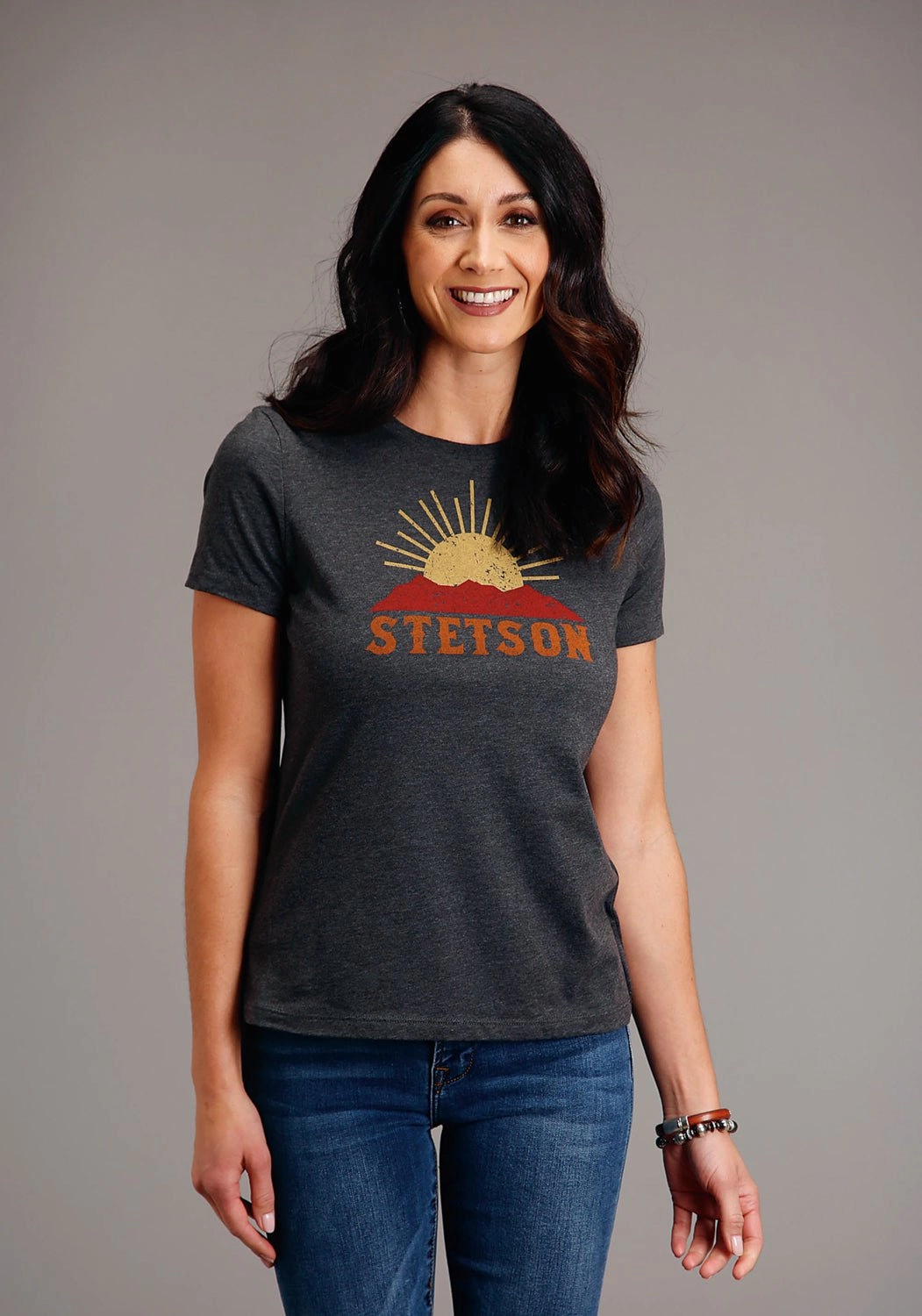 Unisex Option Odorless Binding Tape Stetson Womens Dark Grey Cotton Blend Sunset and Mountain S/S T-Shirt