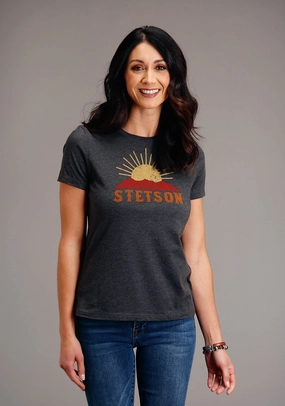 Stetson Womens Dark Grey Cotton Blend Sunset and Mountain S/S T-Shirt Work Appropriate Performance Fabric