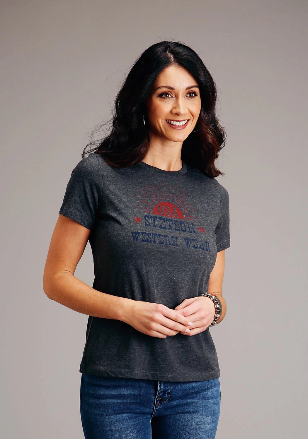 Stetson Womens Dark Grey Cotton Blend Sunset USA S/S T-Shirt Multi Pocket Utility