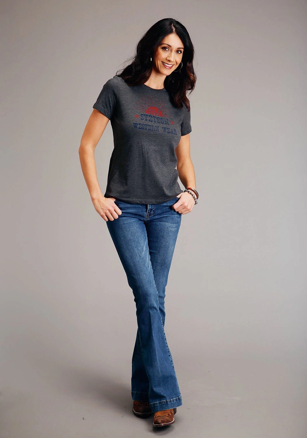 Year-Round Wear Stetson Womens Dark Grey Cotton Blend Sunset USA S/S T-Shirt