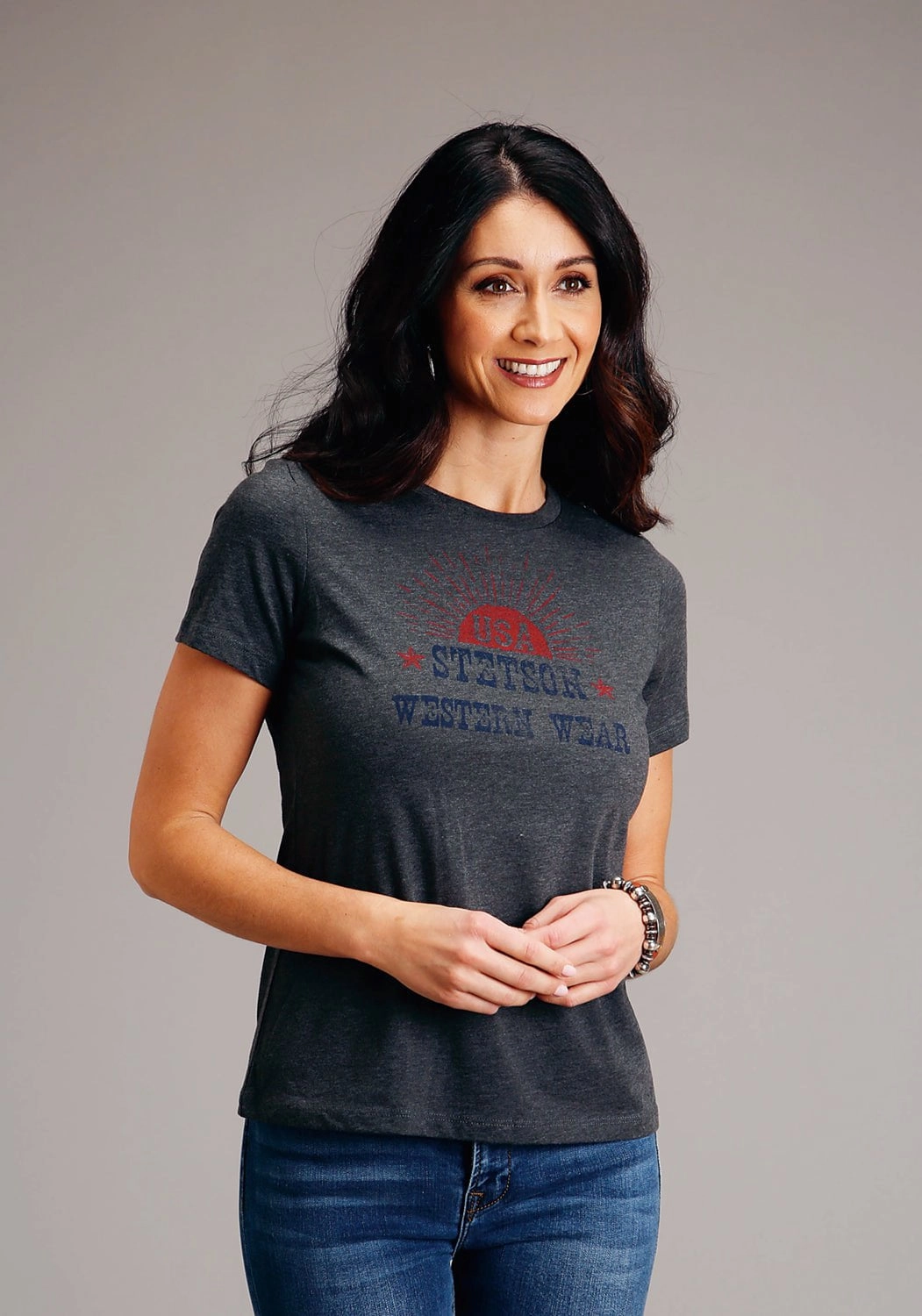 Flexible Shoulder Panels Stetson Womens Dark Grey Cotton Blend Sunset USA S/S T-Shirt