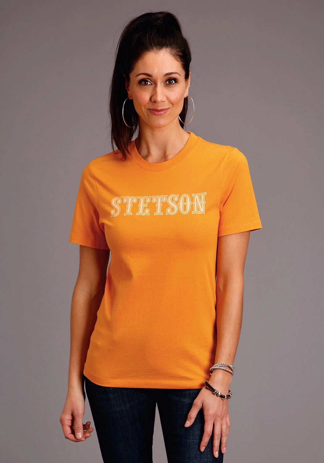 Stetson Womens Gold Yellow 100% Cotton Lettering S/S T-Shirt Streetwear