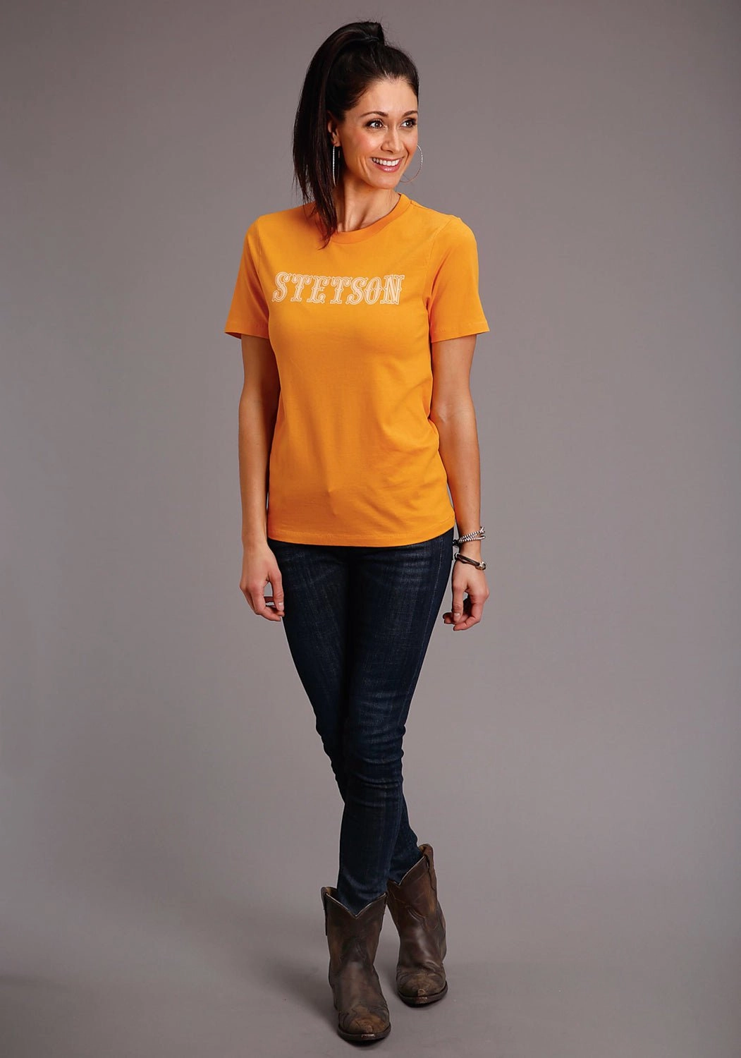 Stetson Womens Gold Yellow 100% Cotton Lettering S/S T-Shirt Smart Casual Wear Premium Fabric