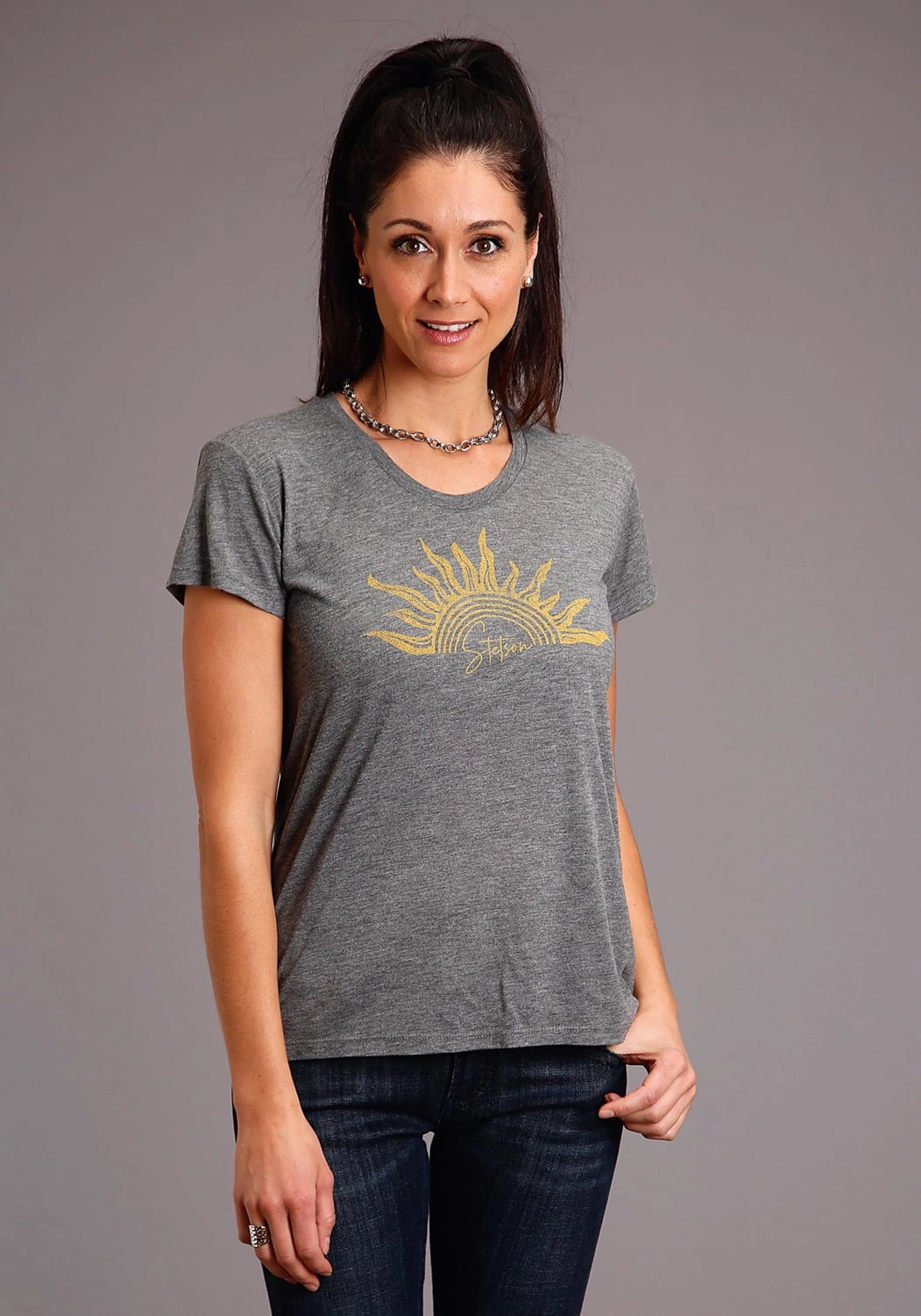 Stetson Womens Grey Poly/Rayon Gold Sun S/S T-Shirt Sustainable production Abrasion Resistant Edges