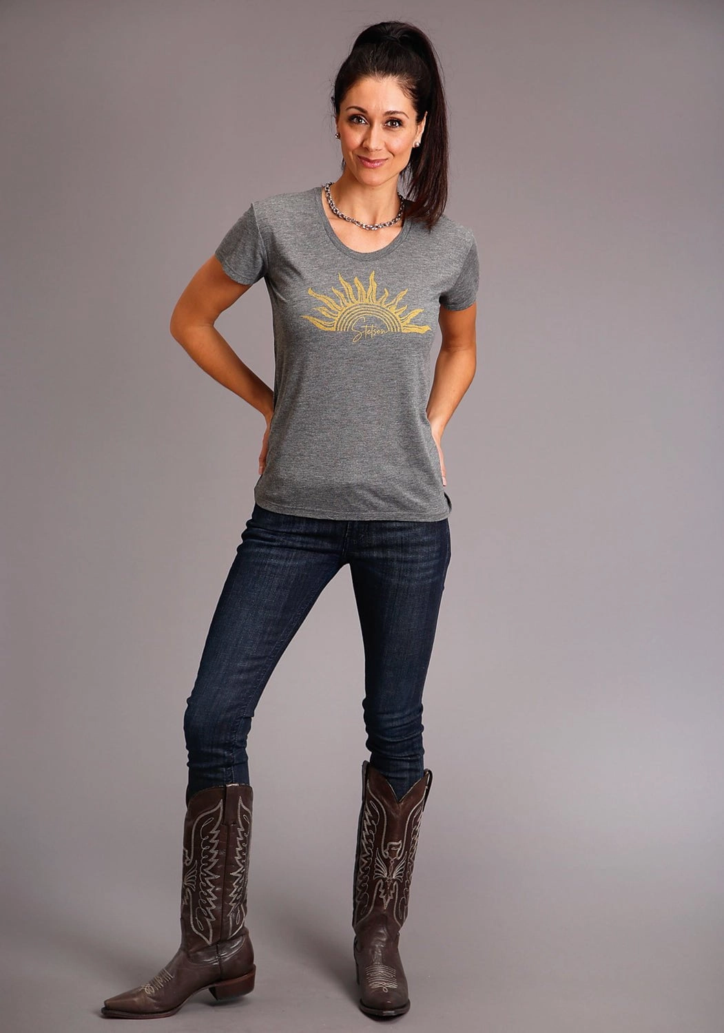 Stetson Womens Grey Poly/Rayon Gold Sun S/S T-Shirt All-Ages Fit