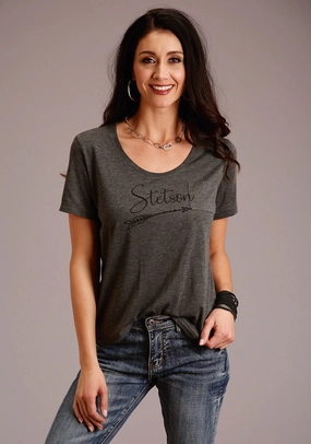 Stetson Womens Grey Polyester Logo Script S/S Arrow T-Shirt First Date