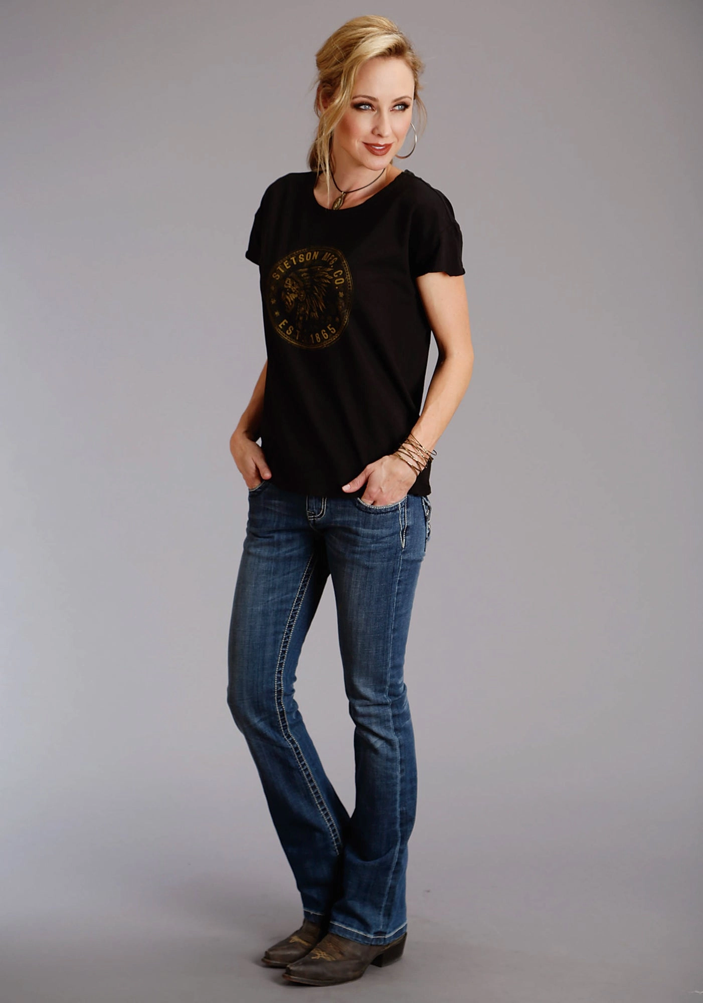 Classic Wear Stetson Womens Indian Head Coin Black 100% Cotton S/S T-Shirt