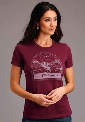 Stetson Womens Maroon 100% Cotton Cowboy Lasso S/S T-Shirt Classic Color Fitted Silhouette