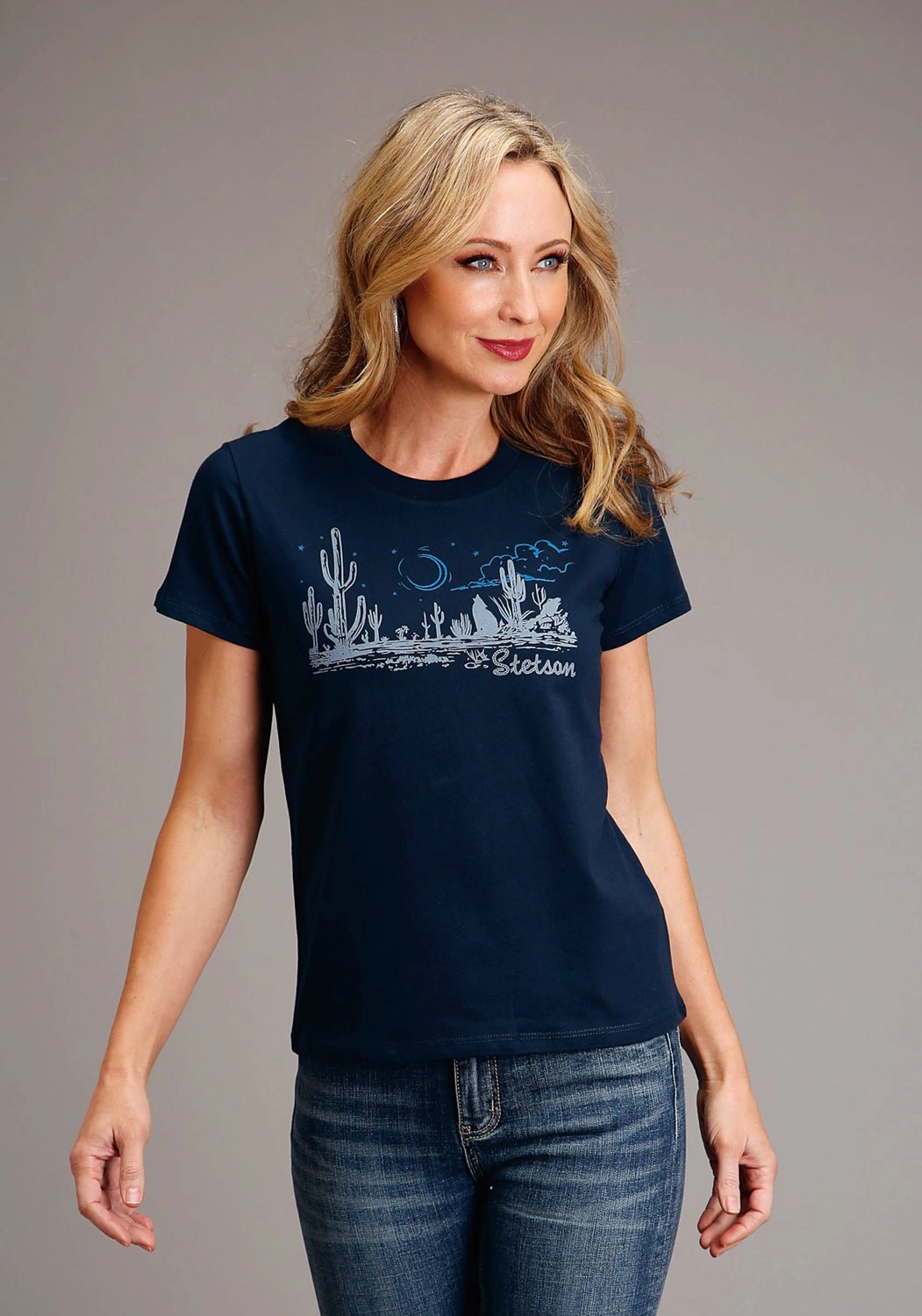 Odorless Binding Tape Holiday Gift Stetson Womens Navy 100% Cotton Cactus Desert Scene S/S T-Shirt
