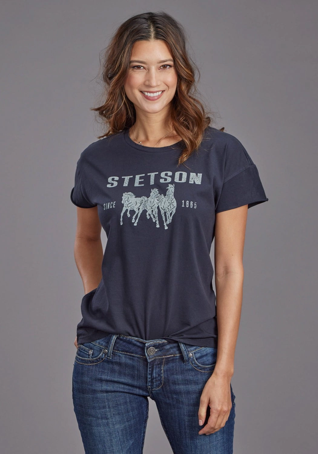 Stetson Womens Running Horses Black 100% Cotton S/S T-Shirt Light Option