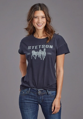 Stetson Womens Running Horses Black 100% Cotton S/S T-Shirt Quality Look Casual Friday