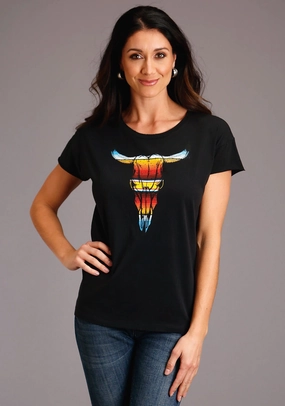 All-Weather Wear Stetson Womens Smoke Grey 100% Cotton Serape S/S Skull T-Shirt