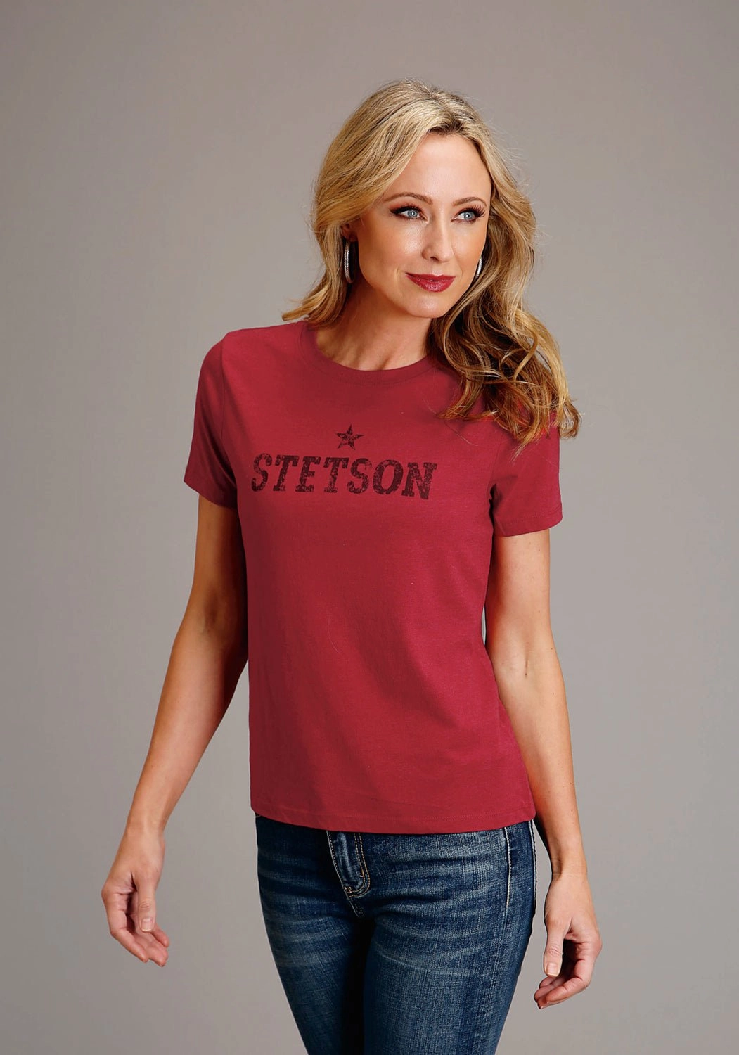 Stetson Womens Star Screenprint Red Cotton Blend S/S T-Shirt Tropical theme Breathable Design