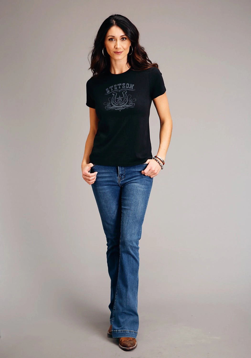 Stetson Womens Vintage Black Cotton Blend Horseshoe S/S T-Shirt Light Option