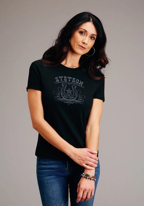 All-Purpose Wear Sporty Comfort Stetson Womens Vintage Black Cotton Blend Horseshoe S/S T-Shirt