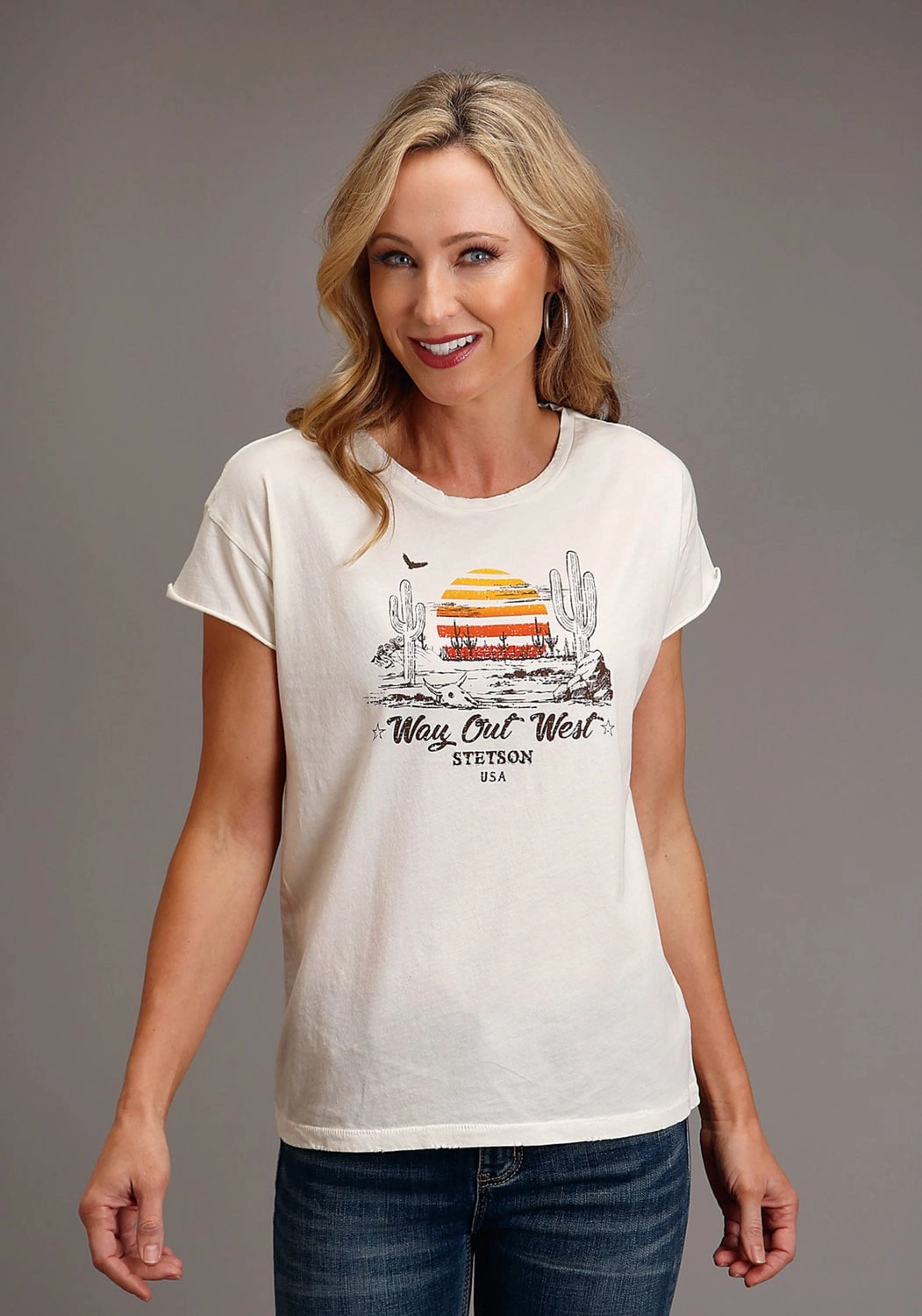 Casual Essential Stetson Womens Vtg White 100% Cotton Way Out West S/S Cactus T-Shirt