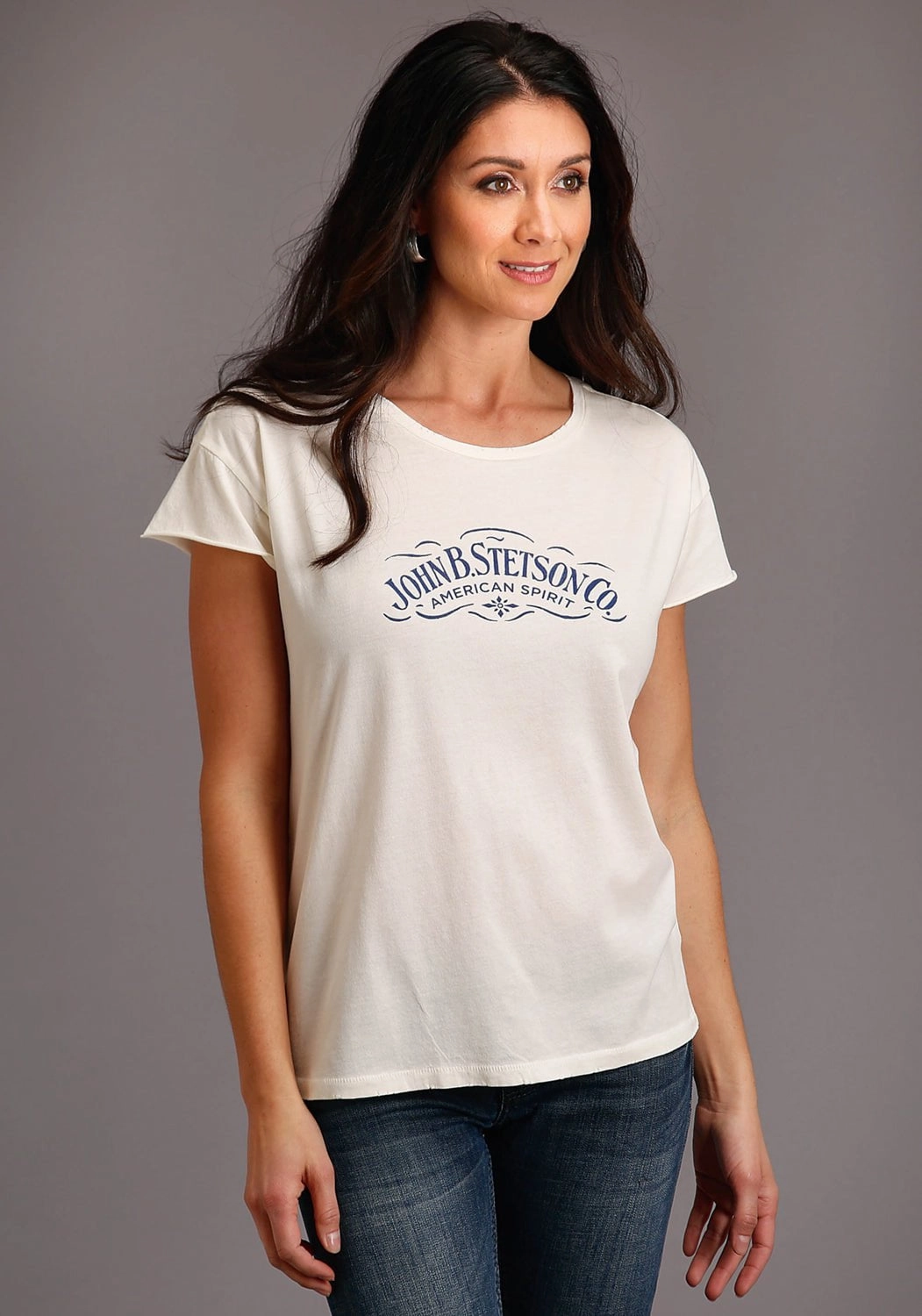 Stetson Womens White 100% Cotton American Spirit S/S T-Shirt wrinkle free Streetwear