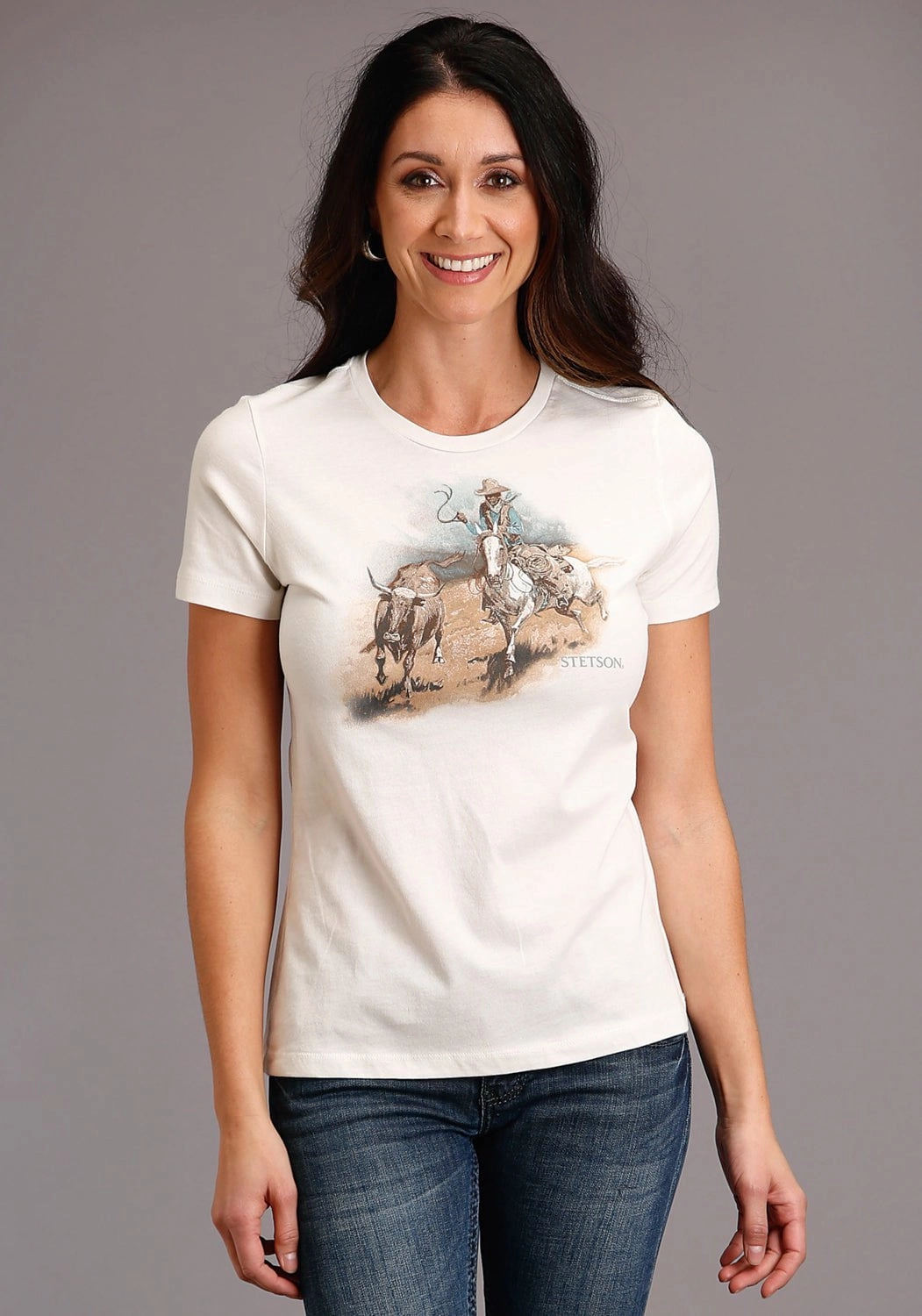 Gym Companion Sleek Silhouette Stetson Womens White 100% Cotton Cattleman Scenery S/S T-Shirt