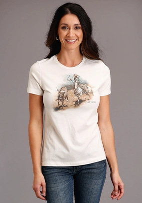 Stetson Womens White 100% Cotton Cattleman Scenery S/S T-Shirt Statement Maker Functional Fashion