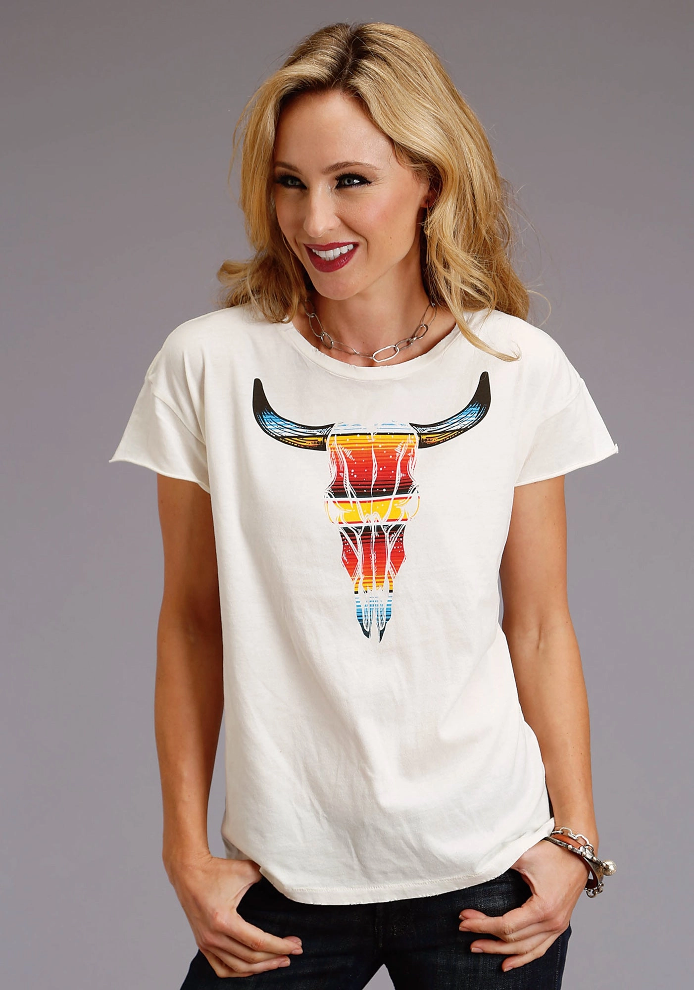 Stetson Womens White 100% Cotton Serape Longhorn S/S T-Shirt Active Comfort