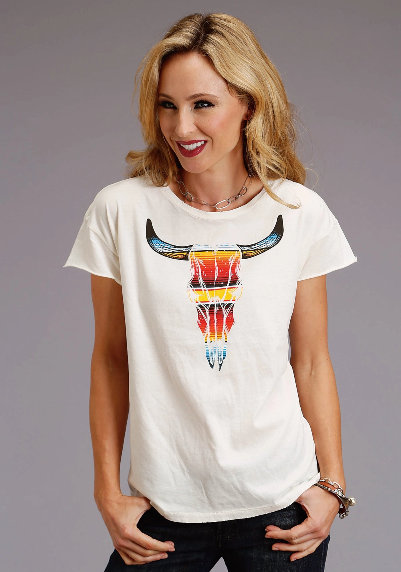 Trendsetting Design Beach Attire Stetson Womens White 100% Cotton Serape Longhorn S/S T-Shirt