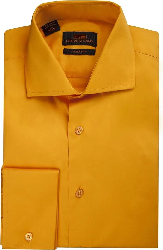 Steven Land Men's Trim Fit French Cuff 100% Cotton Solid Sateen Dress Shirt - CLEARANCE - FINAL SALE